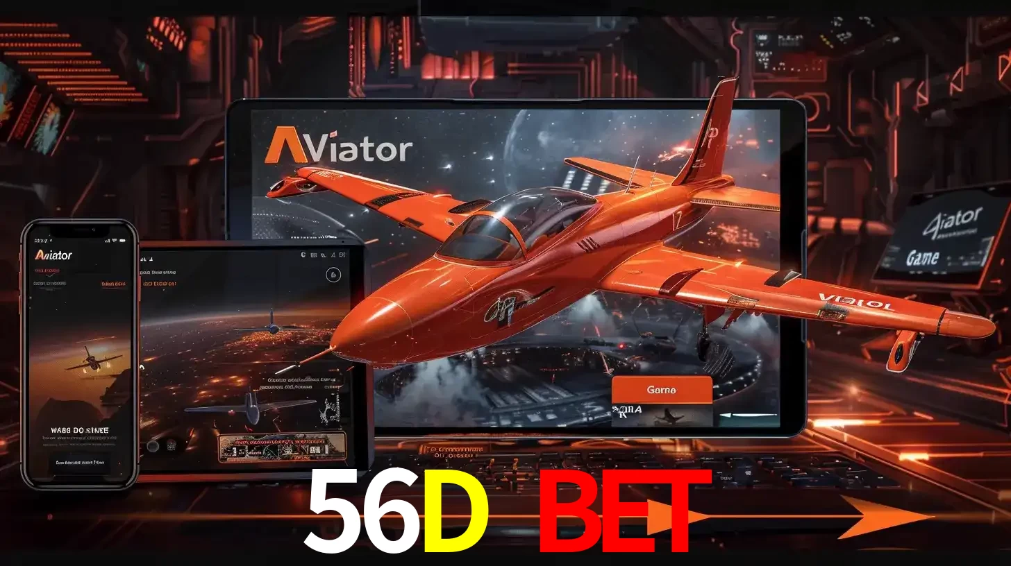 Apresentação tecnológica do jogo Aviator com um avião saindo da tela de um tablet, demonstrando a experiência imersiva em múltiplos dispositivos no 56D BET.