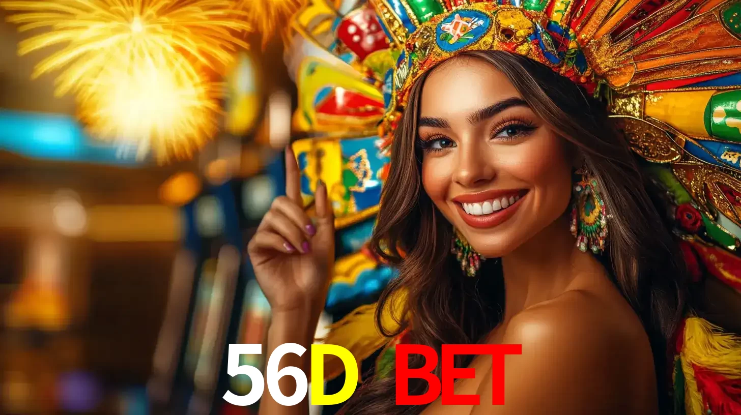Mulher sorridente com um cocar de carnaval vibrante e colorido, celebrando uma grande vitória nos jogos do cassino 56D BET com fogos de artifício ao fundo.