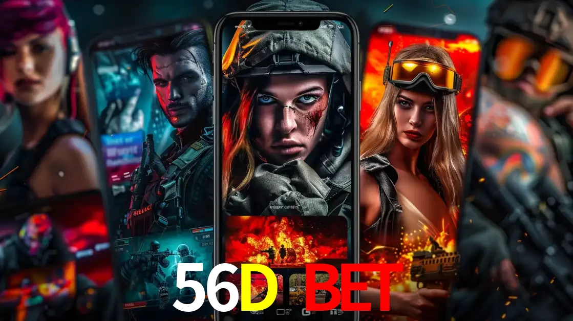 Montagem de telas de celular mostrando diversos personagens, masculinos e femininos, de um jogo de tiro, ilustrando a diversidade de equipes de e-sports para apostar no 56D BET.