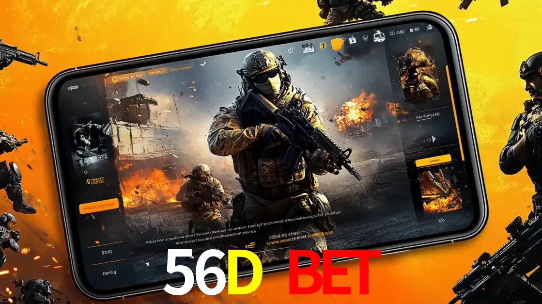 Um smartphone exibindo a interface de um jogo de tiro em primeira pessoa, com um soldado em um cenário de batalha, representando a ação dos e-sports para apostar no 56D BET.