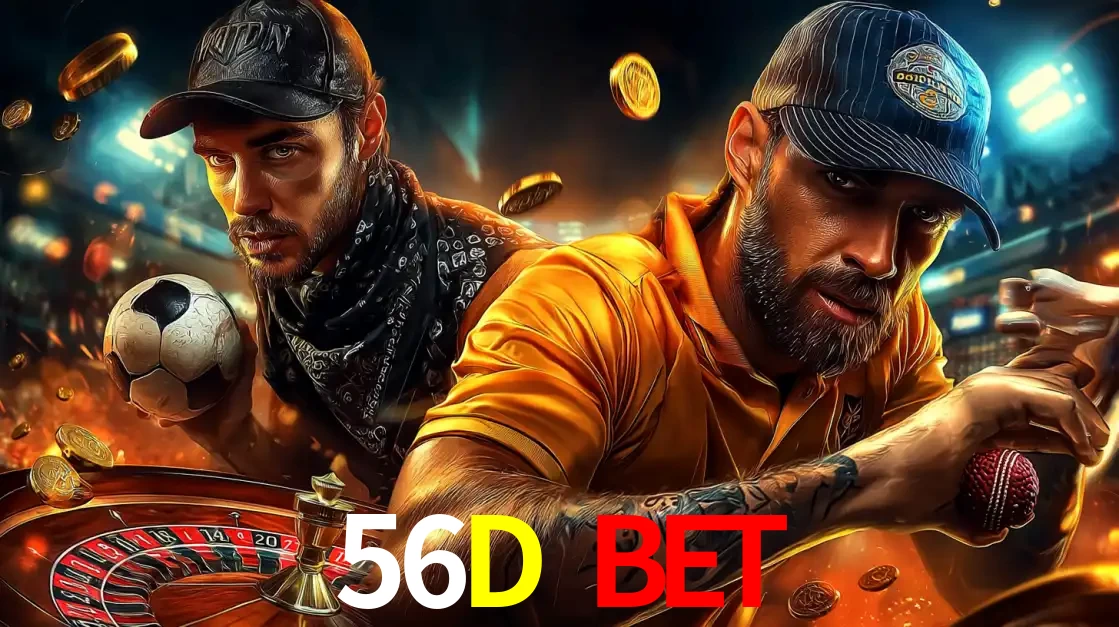 Montagem de apostas esportivas e cassino no 56D BET, com um homem segurando uma bola de futebol e outro uma de beisebol sobre uma roleta e moedas voadoras.