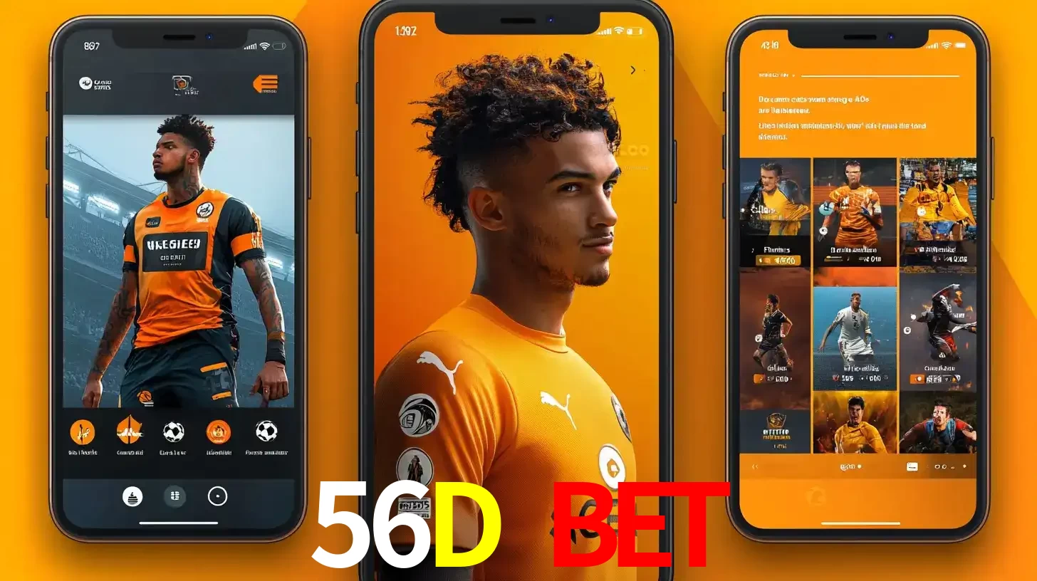Interface do aplicativo de apostas esportivas 56D BET em três telas de celular, mostrando o perfil de um jogador de futebol e a lista de jogos disponíveis para apostar.
