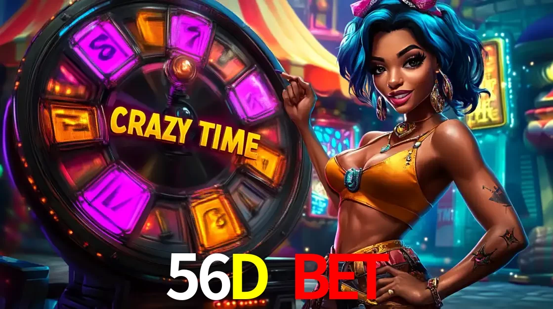 Mulher estilizada com cabelo azul e visual vibrante posando ao lado da roda de prêmios do game show Crazy Time, convidando para a diversão e os bônus do cassino 56D BET.