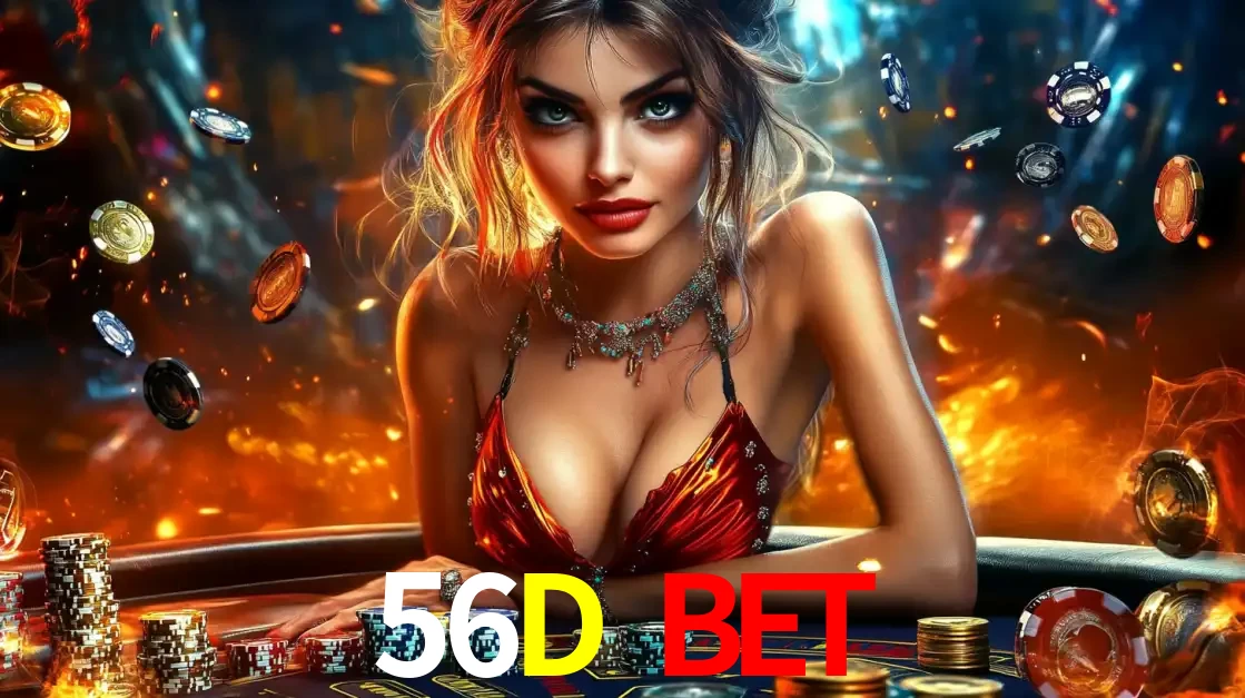 Mulher em uma mesa de cassino com pilhas de fichas e um fundo de fogo, pronta para uma rodada de altas apostas nos jogos de mesa emocionantes do cassino 56D BET.