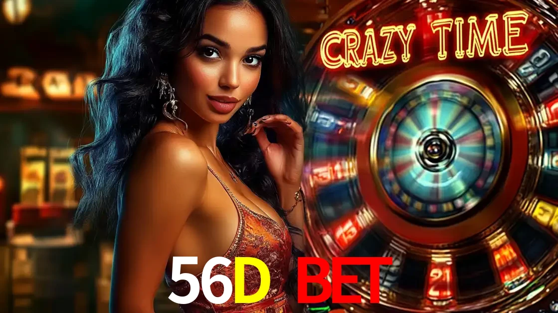 Mulher elegante ao lado da vibrante roda da fortuna do jogo de cassino ao vivo Crazy Time, um dos game shows mais populares e cheios de prêmios do 56D BET.