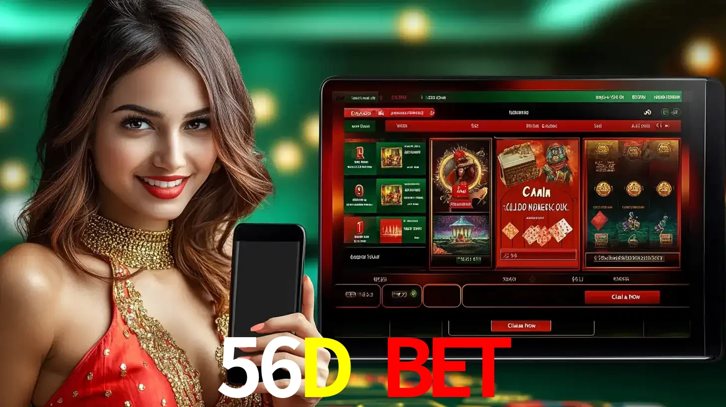 Mulher sorridente segurando um smartphone, ao lado de uma tela exibindo o lobby de jogos do cassino online 56D BET, com várias opções de jogos de cartas e slots.
